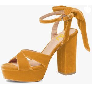 FSJ Yellow Platform Chunky High Heel Velvet Peep Toe Bowtie Ankle Strap Sandals